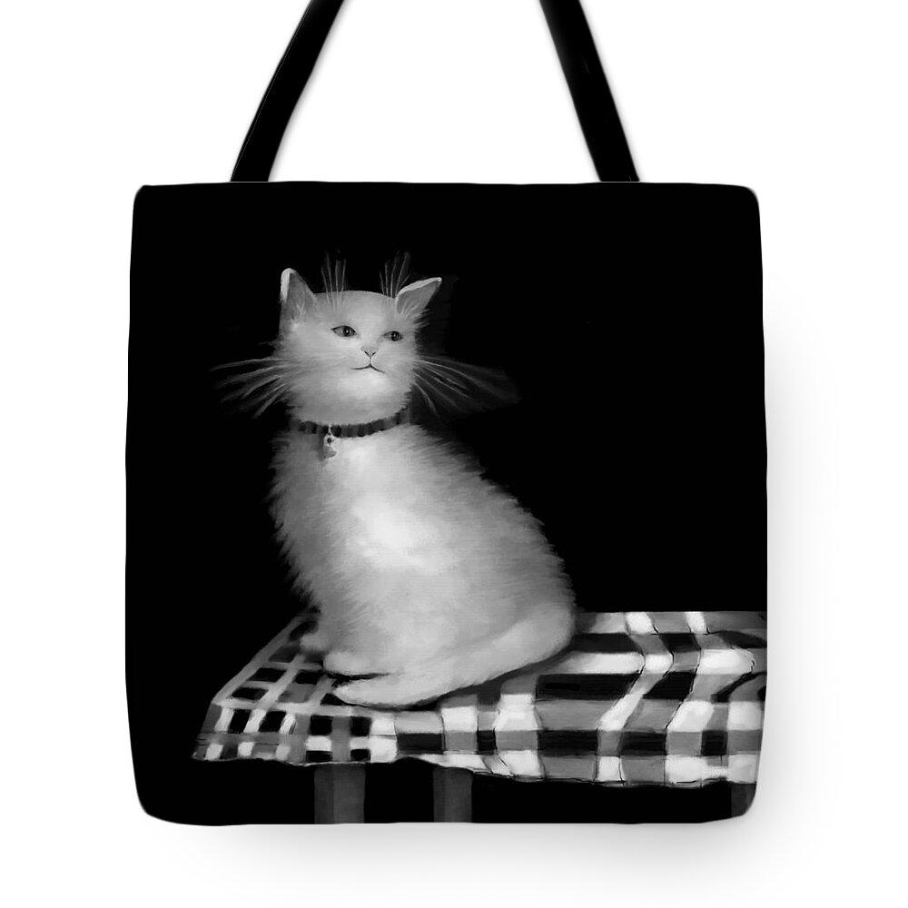 Diane Strain Tote Bag featuring the painting Cat on Checkered Tablecloth  No. 3 by Diane Strain
