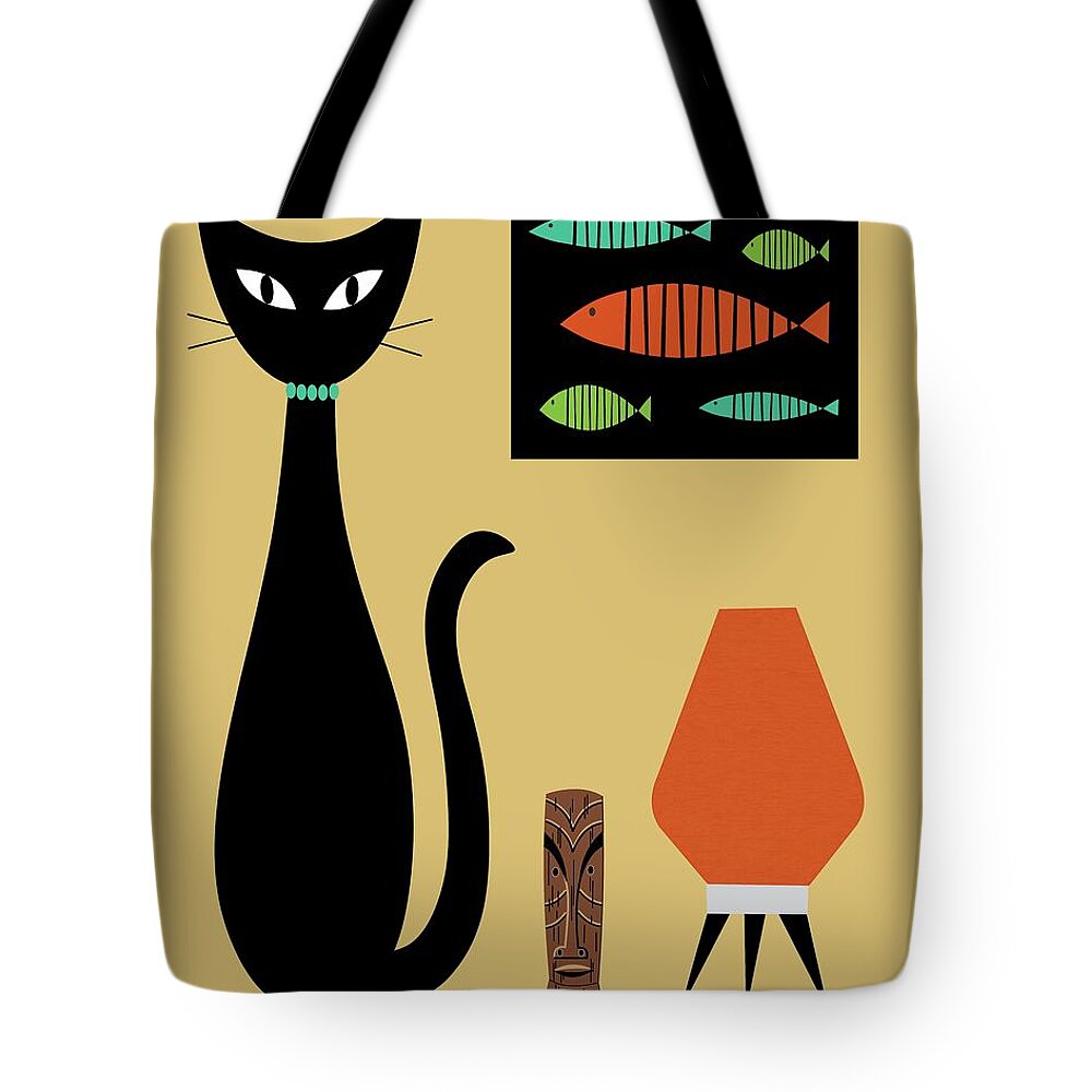 Mid Century Modern Tote Bag featuring the digital art Cat on Tabletop by Donna Mibus