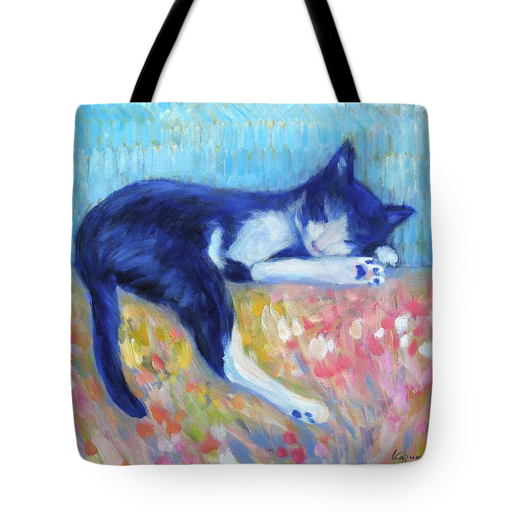 Cat With Flowers Tote Bag featuring the painting Cat with Flowers by Kazumi Whitemoon