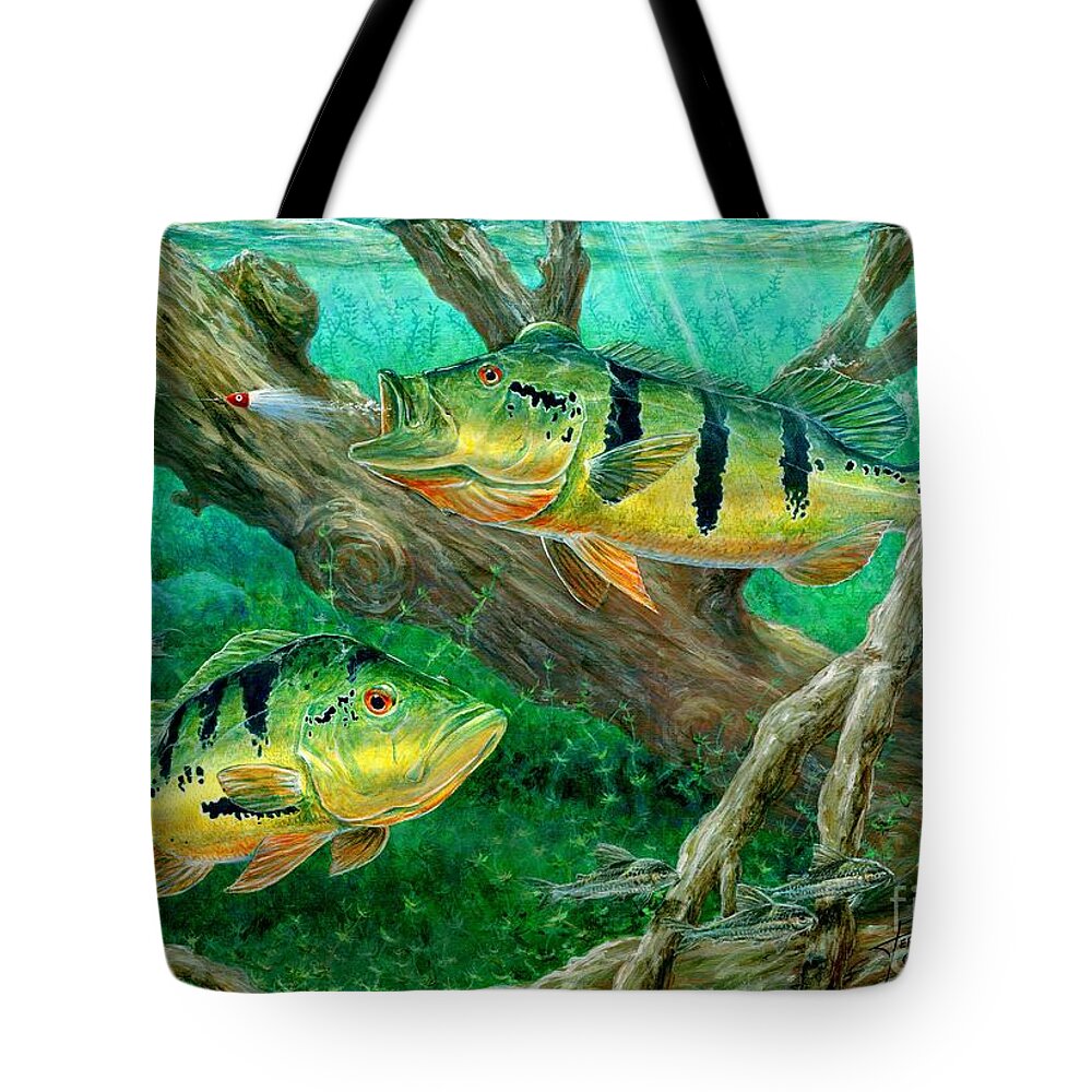 Peacock Bass Tote Bag featuring the painting Catching Peacock Bass - Pavon by Terry Fox