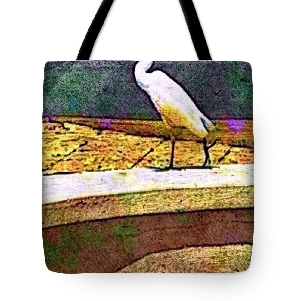 Sharkcrossing Tote Bag featuring the digital art V Cattle Egret in Town - Vertical by Lyn Voytershark