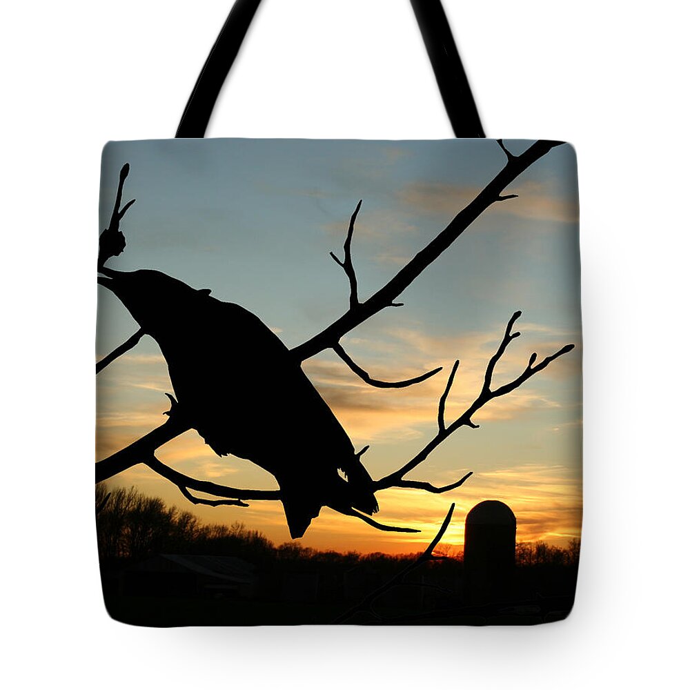 Crow Tote Bag featuring the photograph CawCaw Over Sunset Silhouette Art by Lesa Fine