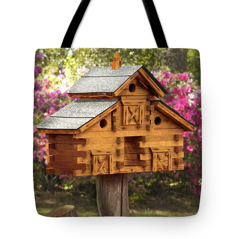Cedar Birdhouse Tote Bag featuring the photograph Cedar Birdhouse by Mike McGlothlen