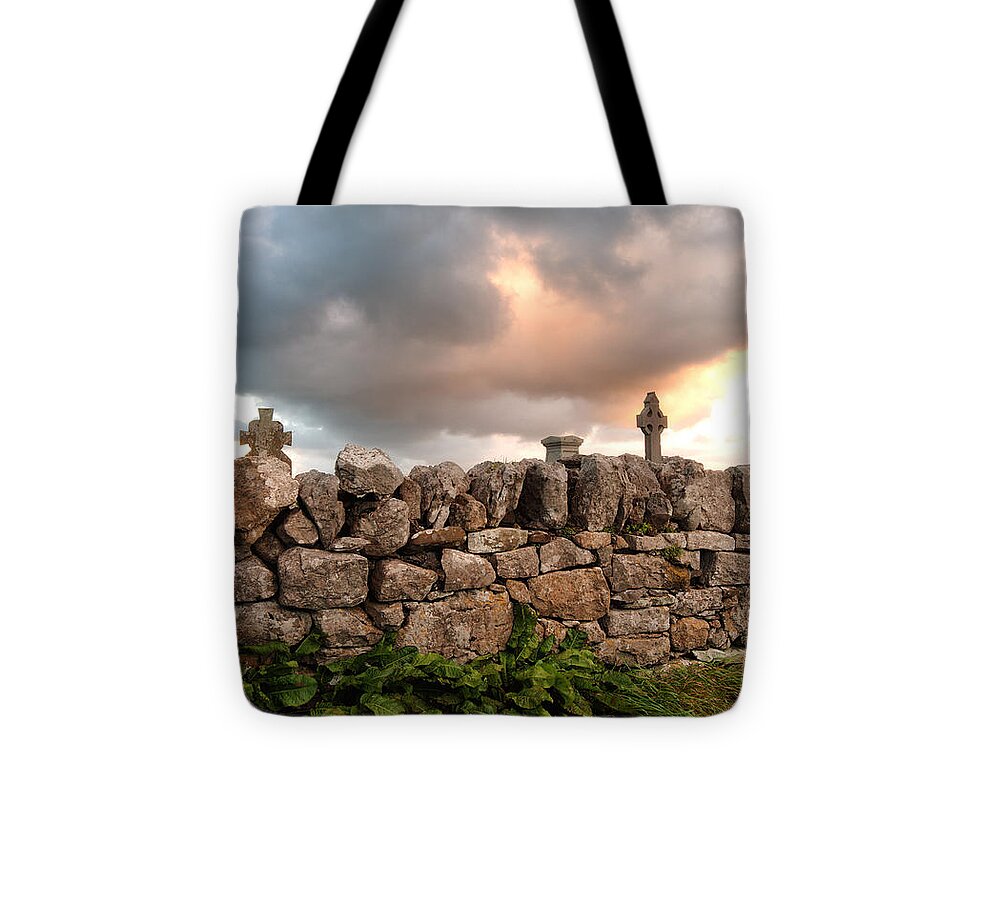 Doolin Tote Bag featuring the photograph Celtic Cross Stone Wall by Allan Van Gasbeck