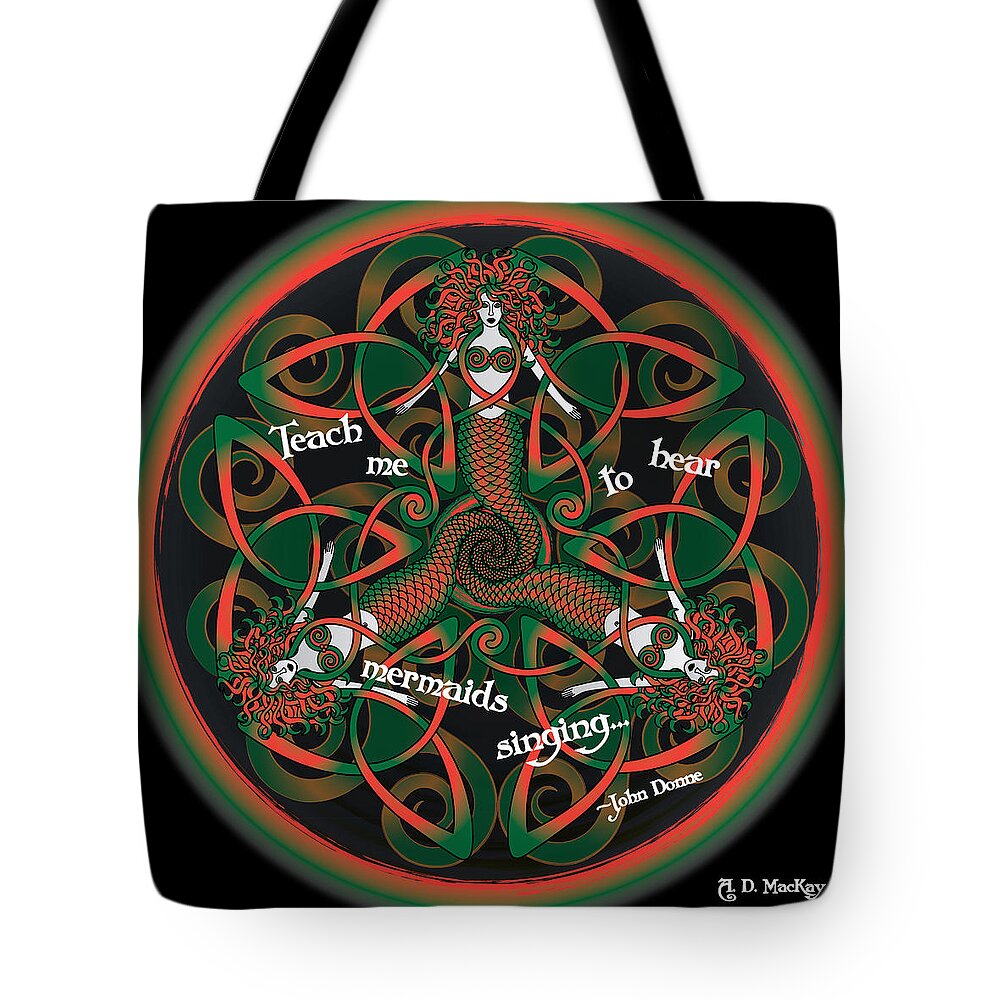 Celtic Art Tote Bag featuring the digital art Celtic Mermaid Mandala in Orange and Green by Celtic Artist Angela Dawn MacKay