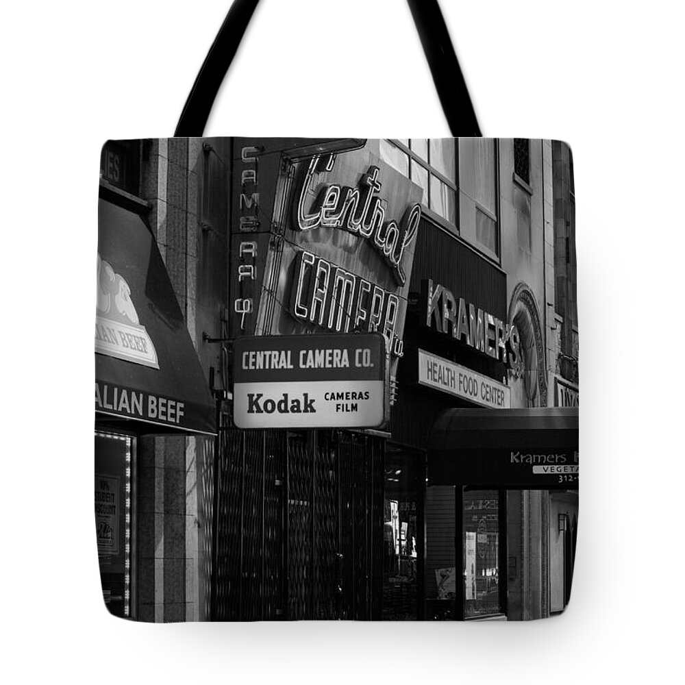 Chicago Tote Bag featuring the photograph Central Camera Chicago - Black and White by Frank J Casella