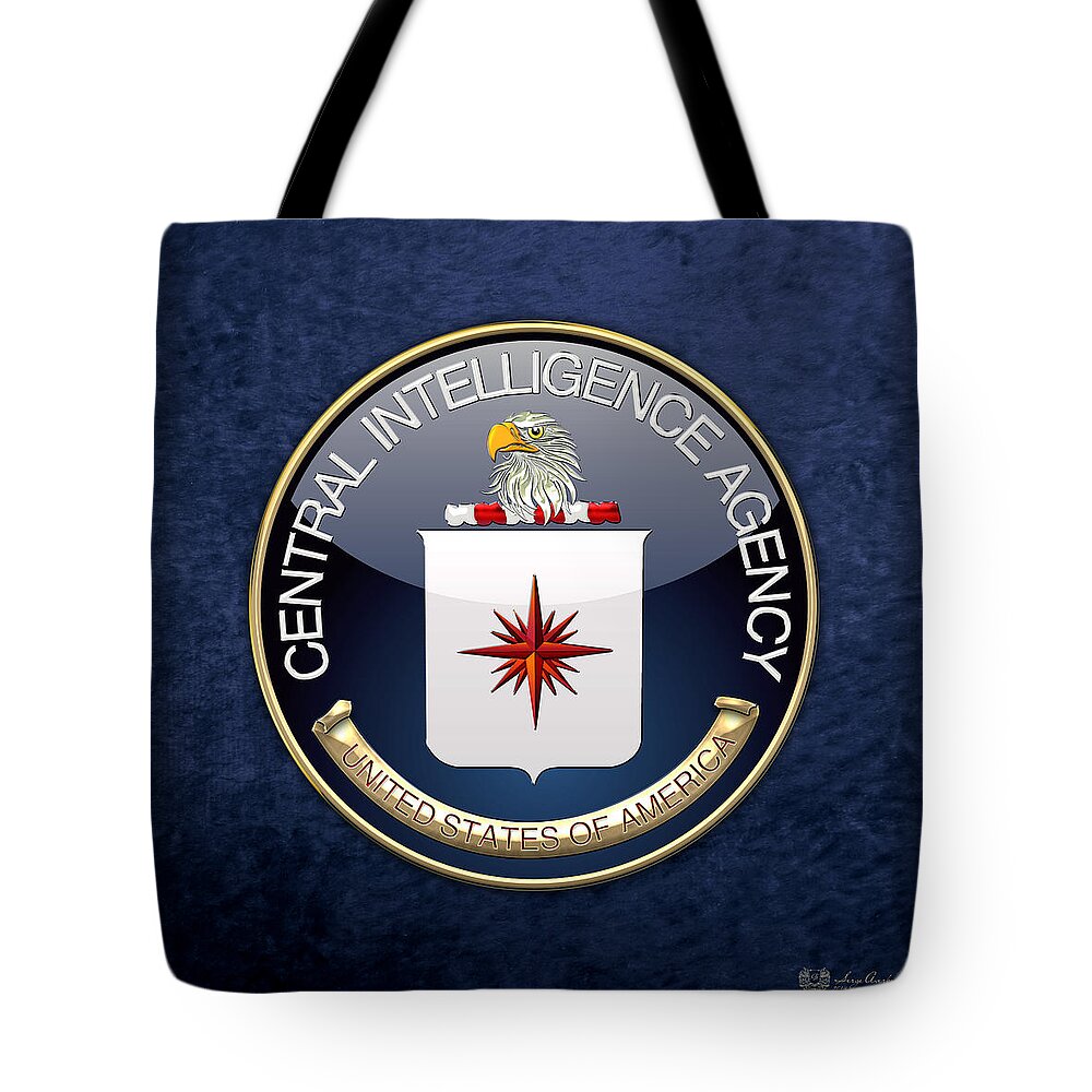 'military Insignia & Heraldry 3d' Collection By Serge Averbukh Tote Bag featuring the digital art Central Intelligence Agency - C I A Emblem on Blue Velvet by Serge Averbukh