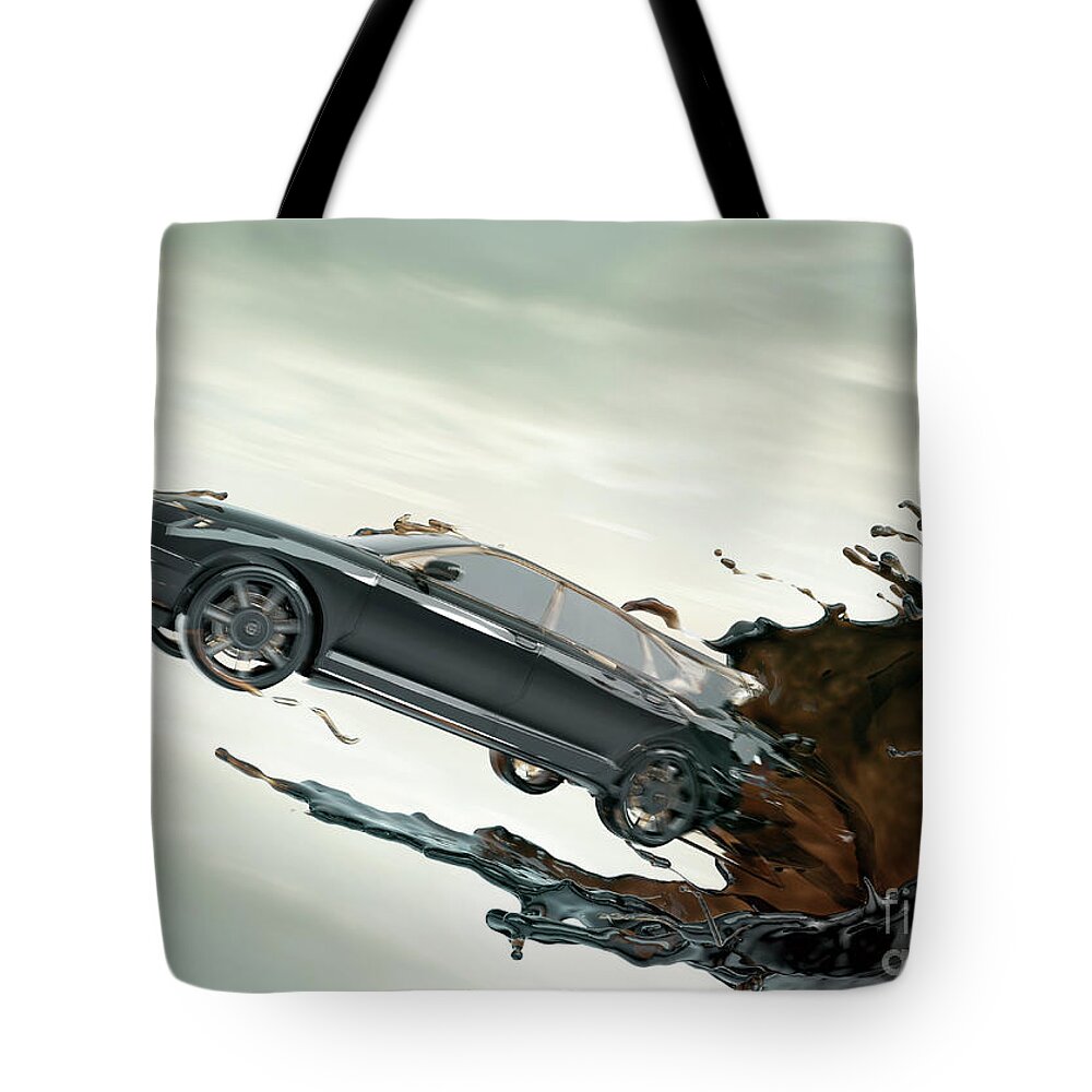 Air Pollution Tote Bag featuring the photograph Cgi Car Emerging From Crude Oil Vortex by Coneyl Jay