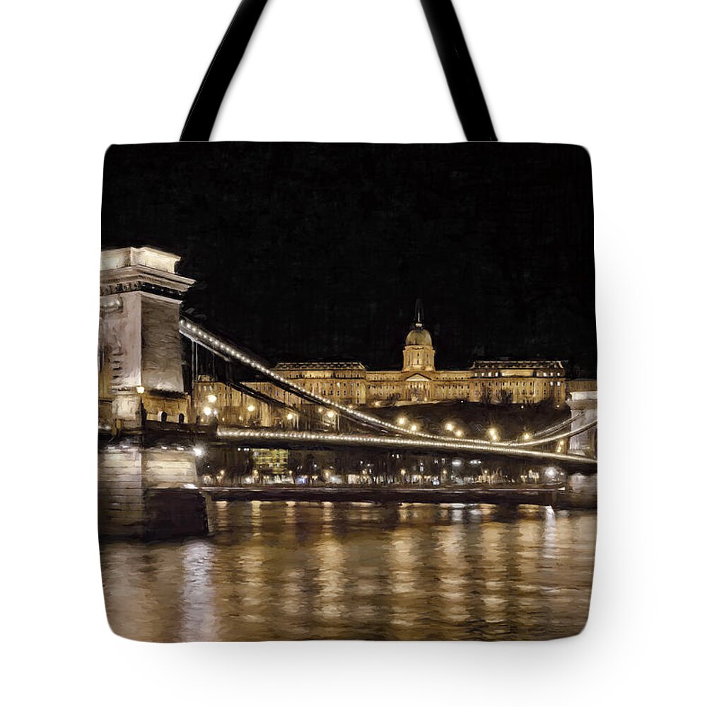 Joan Carroll Tote Bag featuring the photograph Chain Bridge And Buda Castle Winter Night Painterly by Joan Carroll