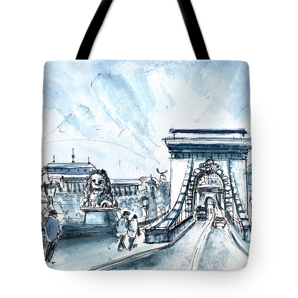 Travel Tote Bag featuring the painting Chain Bridge In Budapest by Miki De Goodaboom