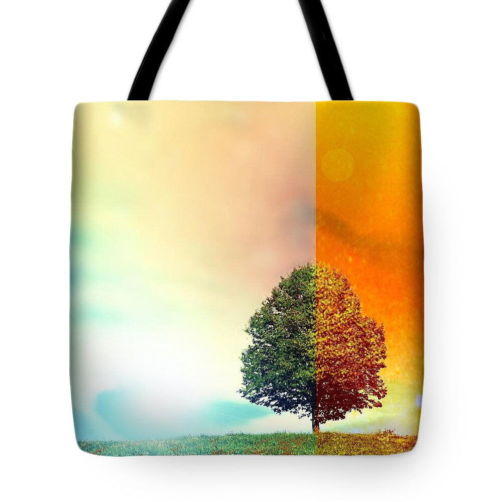 Tree Tote Bag featuring the digital art Change of the Seasons - The Moment when Summer meets with Fall by Lilia D
