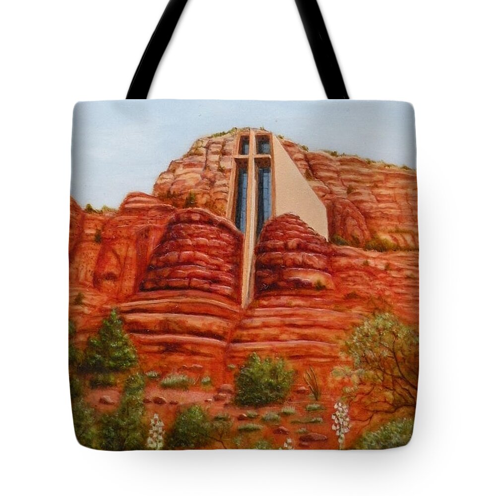 Chapel Tote Bag featuring the painting Chapel of the Holy Cross by Lora Duguay