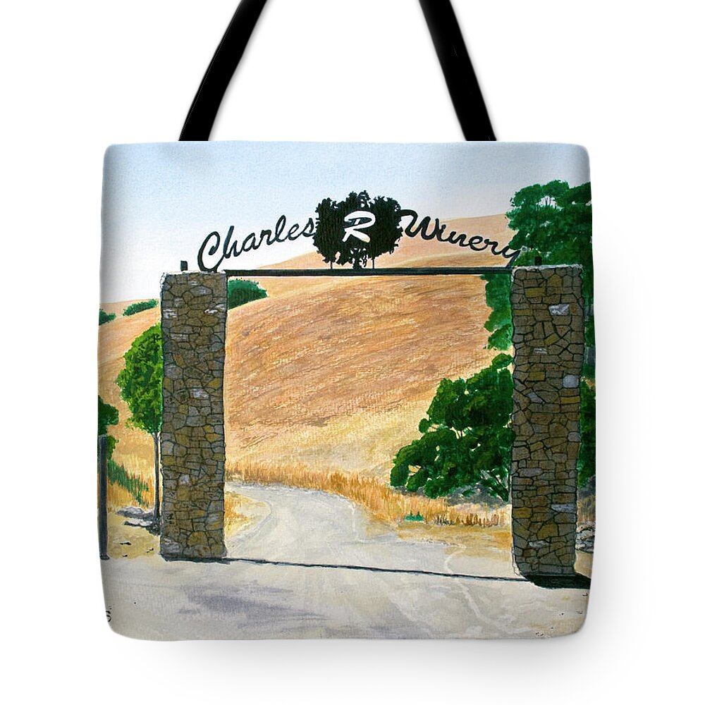 Winery Tote Bag featuring the painting Charles R Winery Gate by Mike Robles