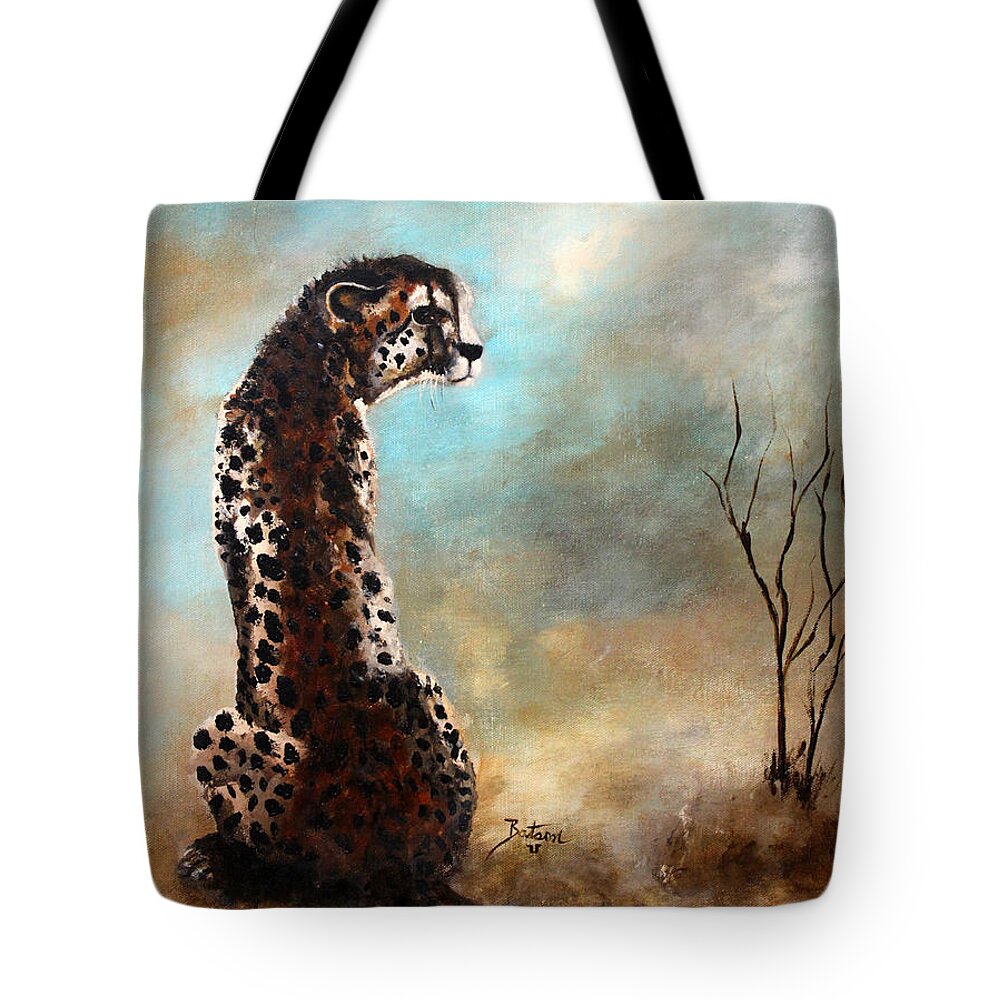 Cheetah Tote Bag featuring the painting Cheetah - The Guardian by Barbie Batson