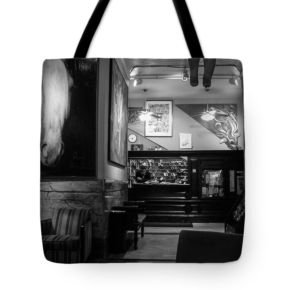 B&w Tote Bag featuring the photograph Chelsea Hotel Night Clerk by Frank Winters