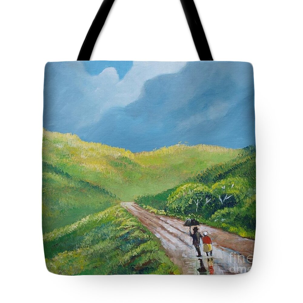 Road Tote Bag featuring the painting Chemin sous une pluie tropicale by Jean Pierre Bergoeing