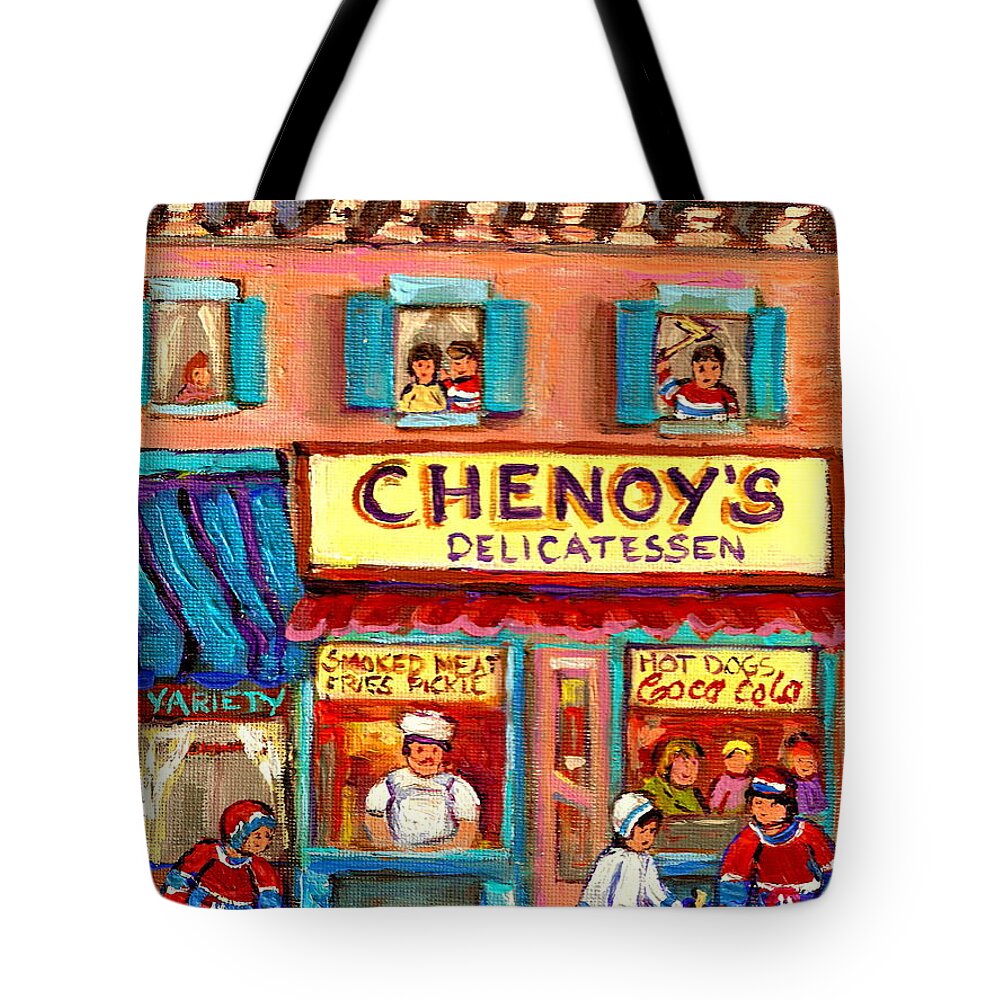 Paintings Of Chenoy's Deli Montreal Restaurants Tote Bag featuring the painting Chenoys Delicatessen Montreal Landmarks Painting Carole Spandau Street Scene Specialist Artist by Carole Spandau