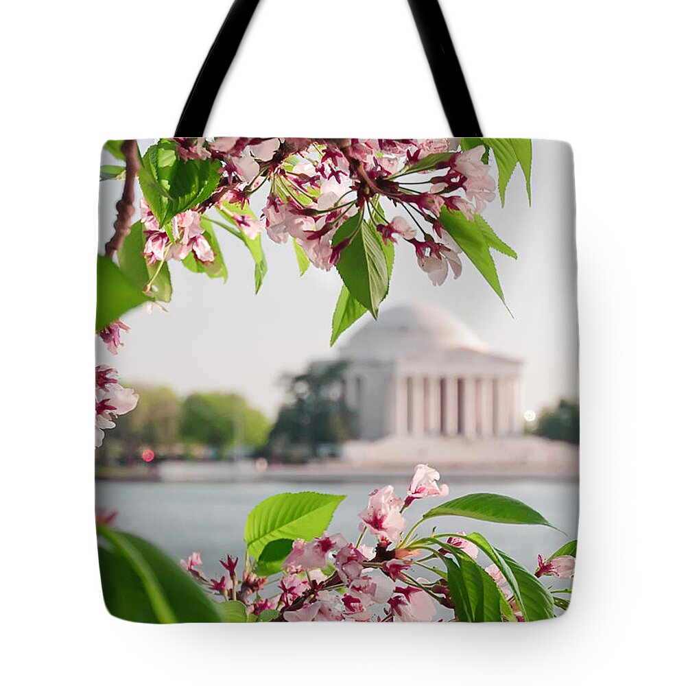 America Tote Bag featuring the photograph Cherry Blossoms and the Jefferson Memorial by Mitchell R Grosky