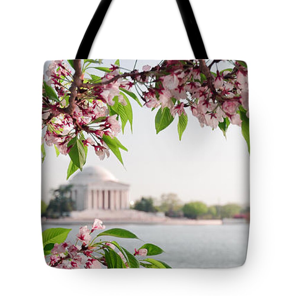 America Tote Bag featuring the photograph Cherry Blossoms and the Jefferson Memorial Panorama by Mitchell R Grosky