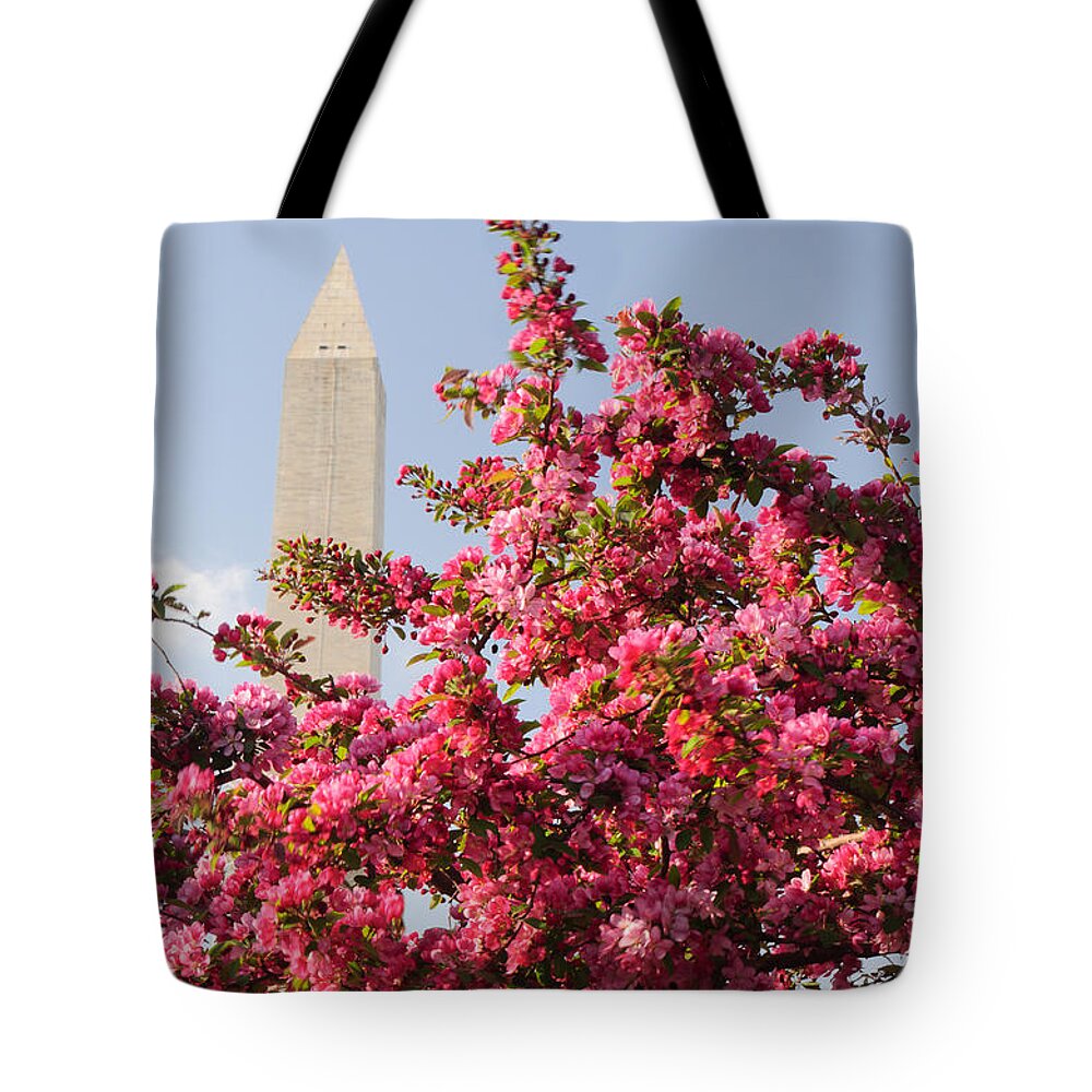 America Tote Bag featuring the photograph Cherry Trees and Washington Monument 5 by Mitchell R Grosky