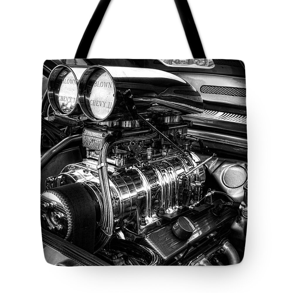 Chevy Blower Motor Tote Bag featuring the photograph Chevy Supercharger Motor Black and White by Jonathan Davison