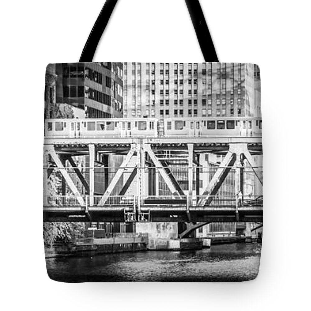 Bridge Tote Bag featuring the photograph Chicago Lake Street Bridge L Train Black and White Picture by Paul Velgos