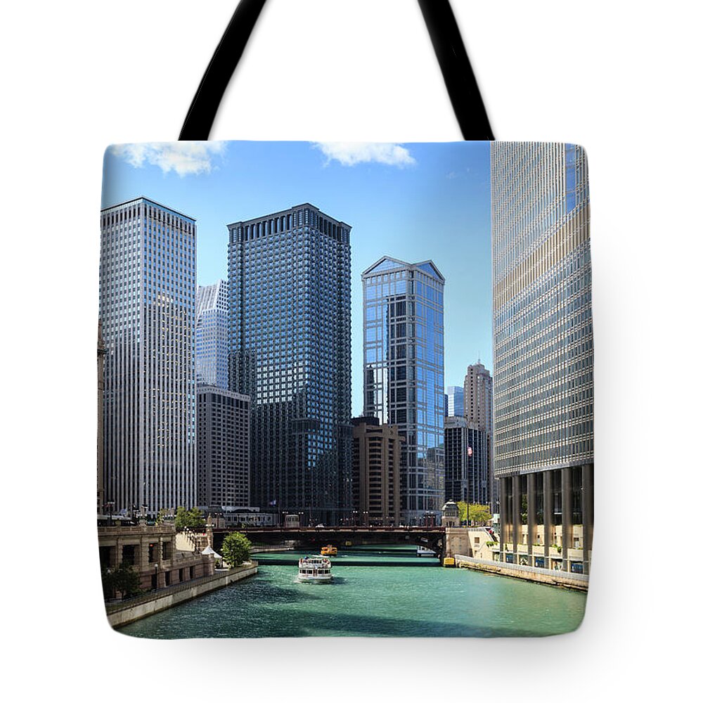 Chicago River Tote Bag featuring the photograph Chicago River And Cityscape by Fraser Hall