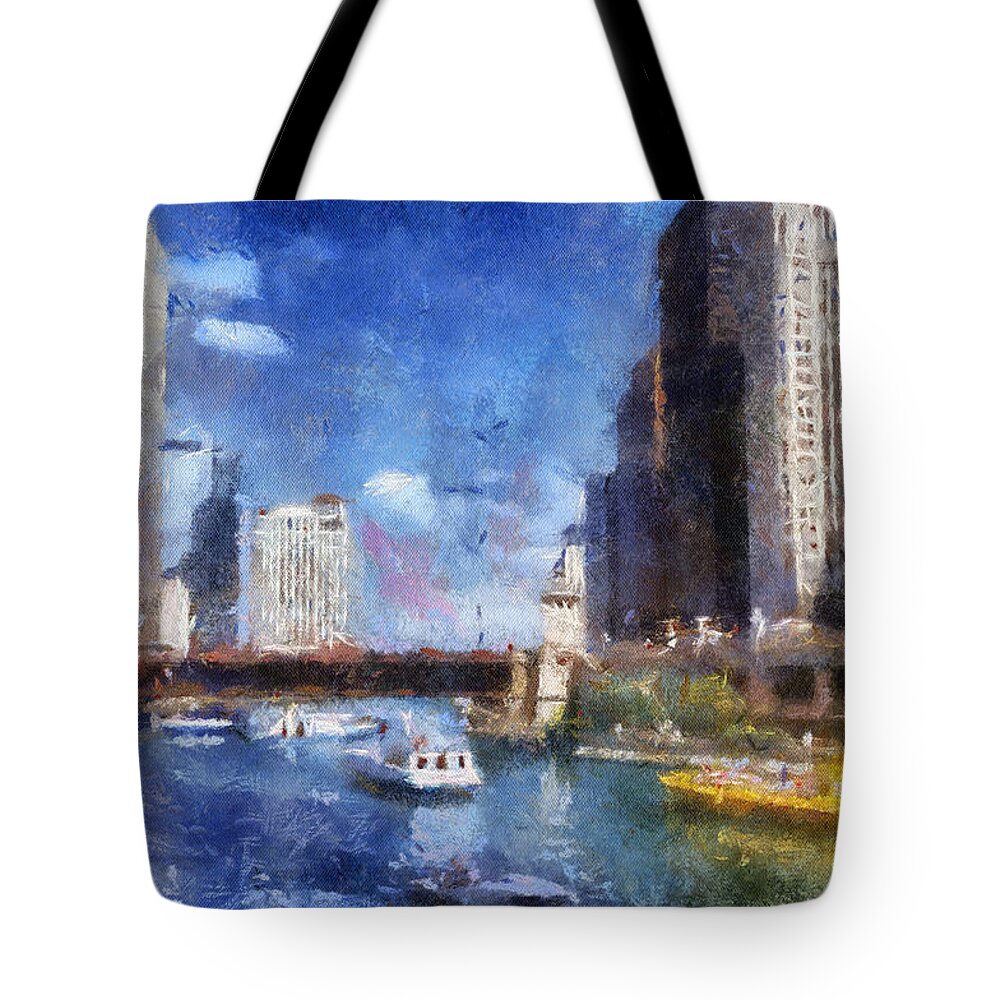 Riverwalk Tote Bag featuring the photograph Chicago River Walk Busy Boat Traffic PA 02 by Thomas Woolworth