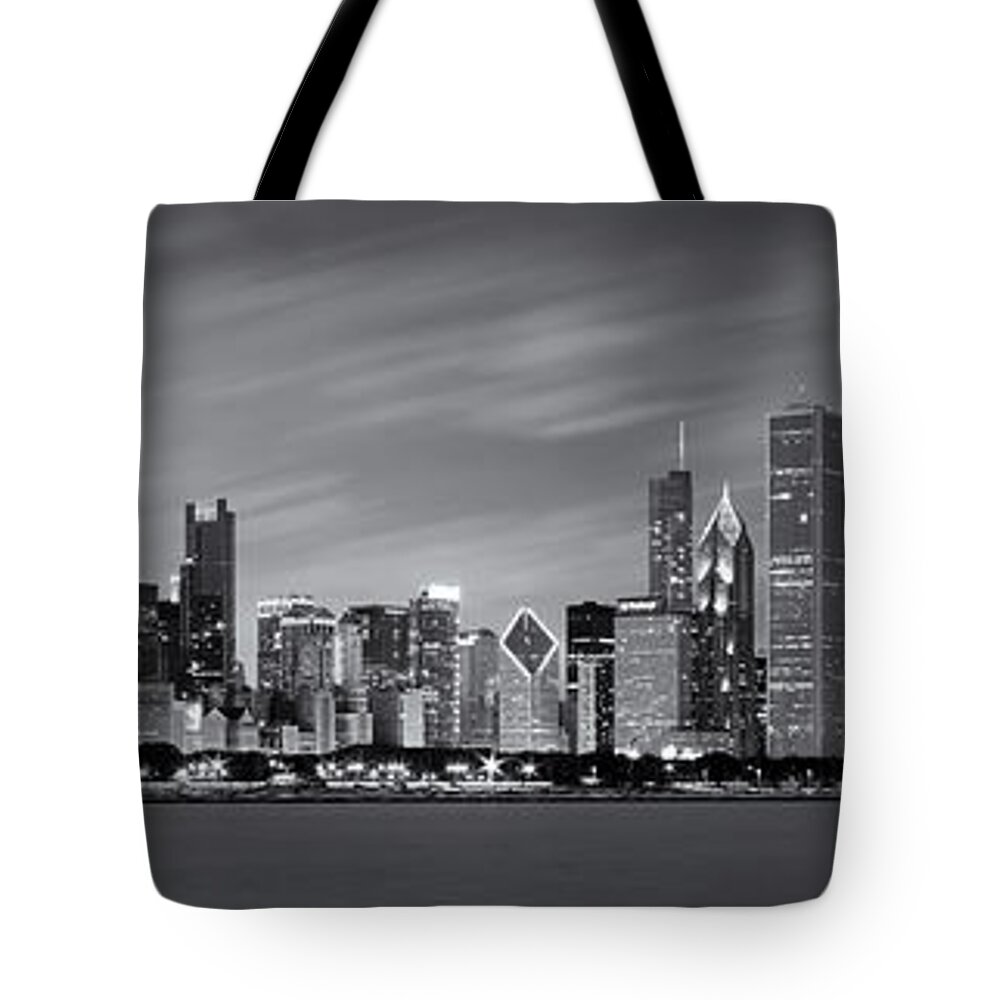 3scape Tote Bag featuring the photograph Chicago Skyline at Night Black and White Panoramic by Adam Romanowicz