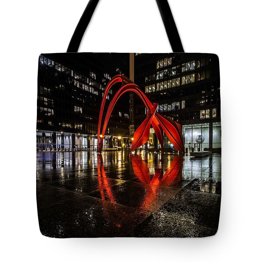 Flamingo Tote Bag featuring the photograph Chicago's Red Flamingo on a rainy night by Sven Brogren