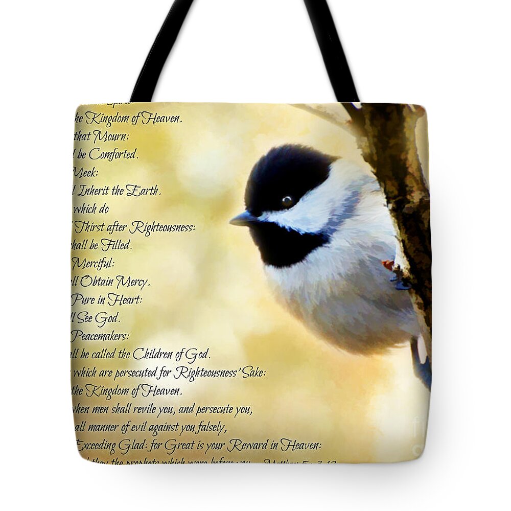 Chickadee Tote Bag featuring the photograph Chickadee with Digital Paint and verses by Debbie Portwood