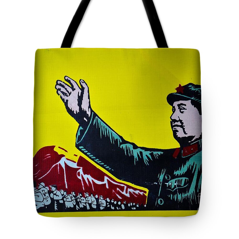 Mao Tote Bag featuring the photograph Chinese communist propaganda poster art with Mao Zedong Shanghai China by Imran Ahmed