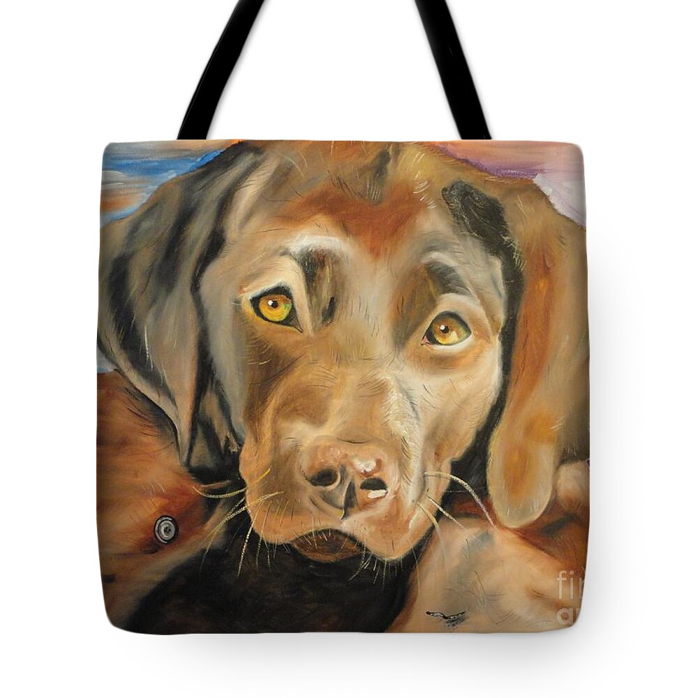 Labrador Tote Bag featuring the painting Chocolat labrador puppy by PainterArtist FIN