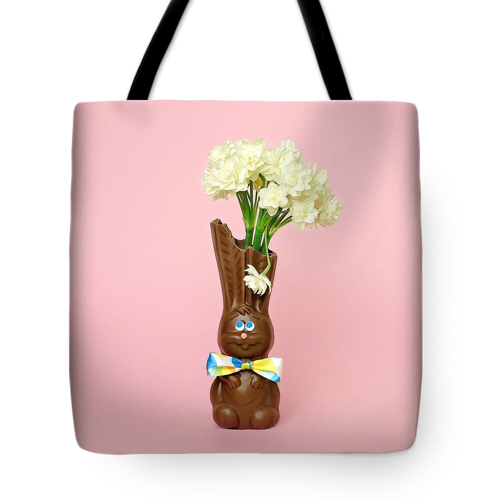 Vase Tote Bag featuring the photograph Chocolate Rabbit Vase With Flowers by Juj Winn