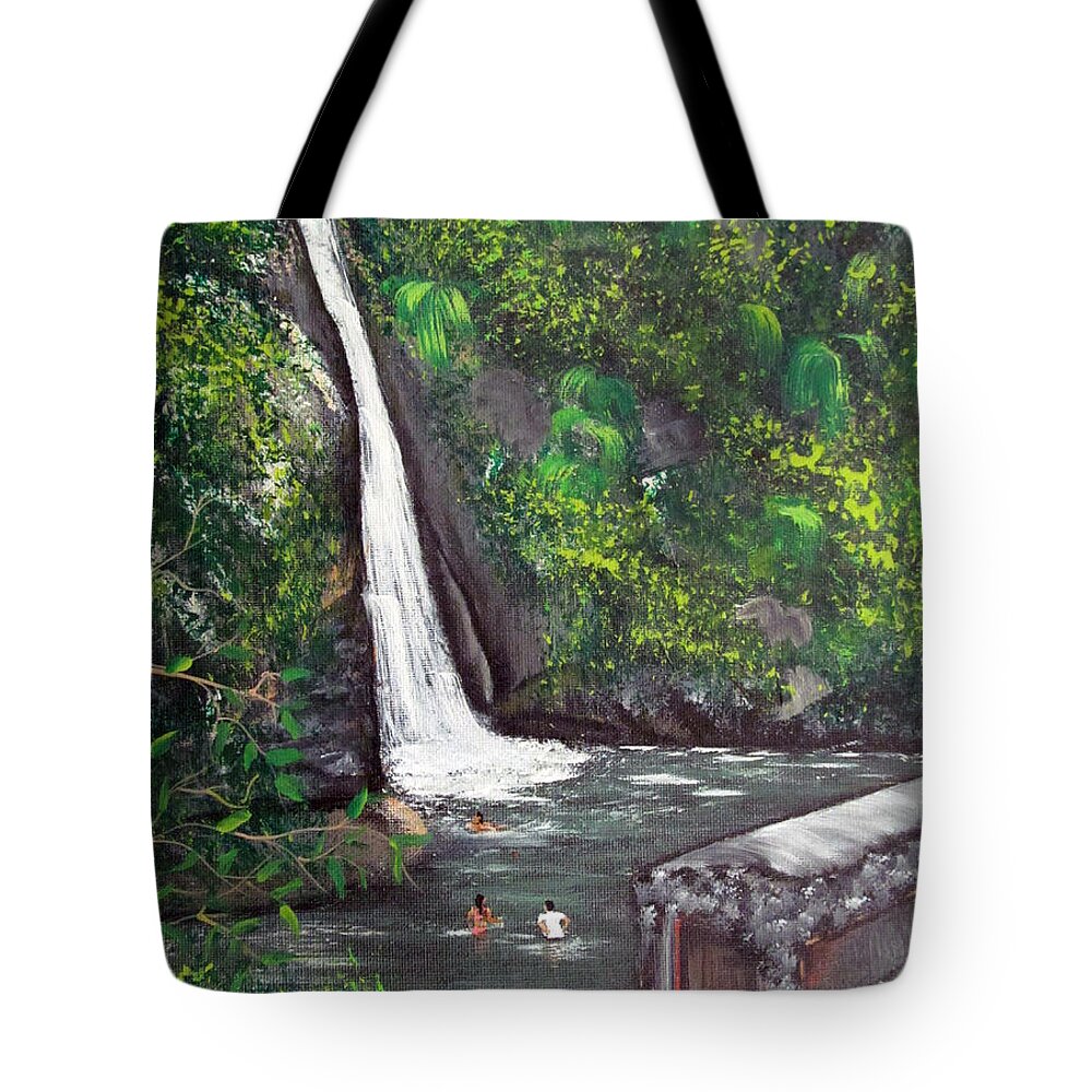 Waterfall Tote Bag featuring the painting Chorro De Dona Juana by Gloria E Barreto-Rodriguez