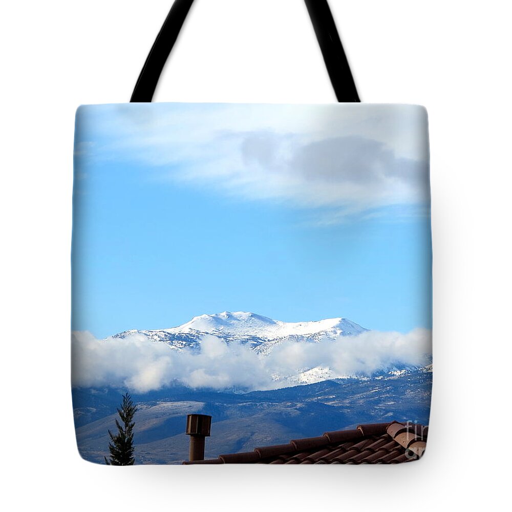 High Sierra Mountains Tote Bag featuring the pyrography Snow in the Beautiful High Sierra Mountans by Phyllis Kaltenbach