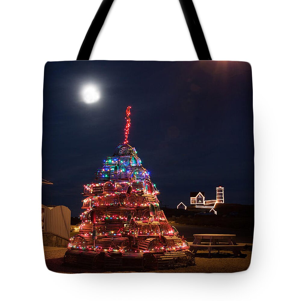 Lighthouse Photos Tote Bag featuring the photograph Christmas at Maines Nubble Lighthouse by Jeff Folger