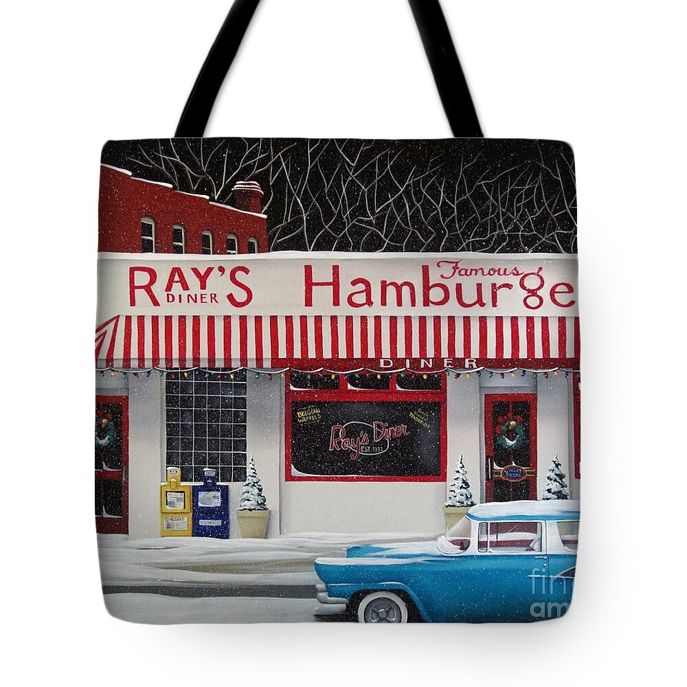Art Tote Bag featuring the painting Christmas at Ray's Diner by Catherine Holman