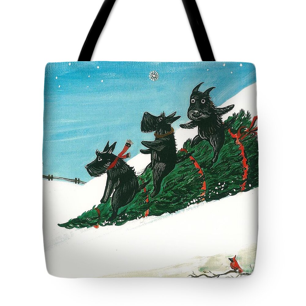 Painting Tote Bag featuring the painting Christmas Day Scottie Style by Margaryta Yermolayeva