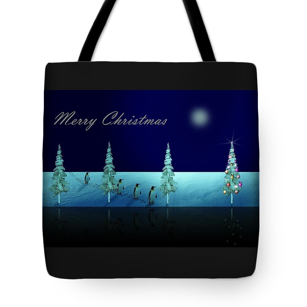 Penguin Tote Bag featuring the digital art Christmas Eve Walk of the Penguins by David Dehner