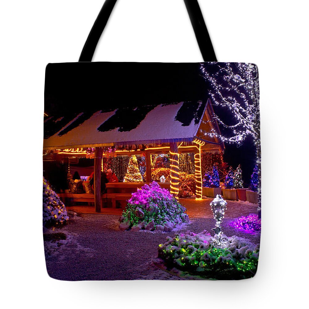 Christmas Tote Bag featuring the mixed media Christmas fantasy lodge and tree lights by Brch Photography