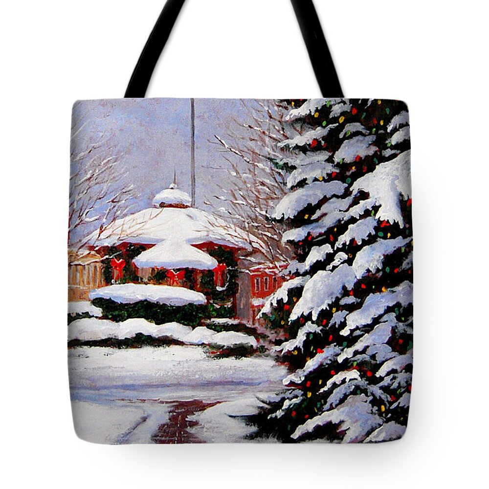 Chagrin Falls Tote Bag featuring the painting Christmas in Chagrin Falls by Maryann Boysen
