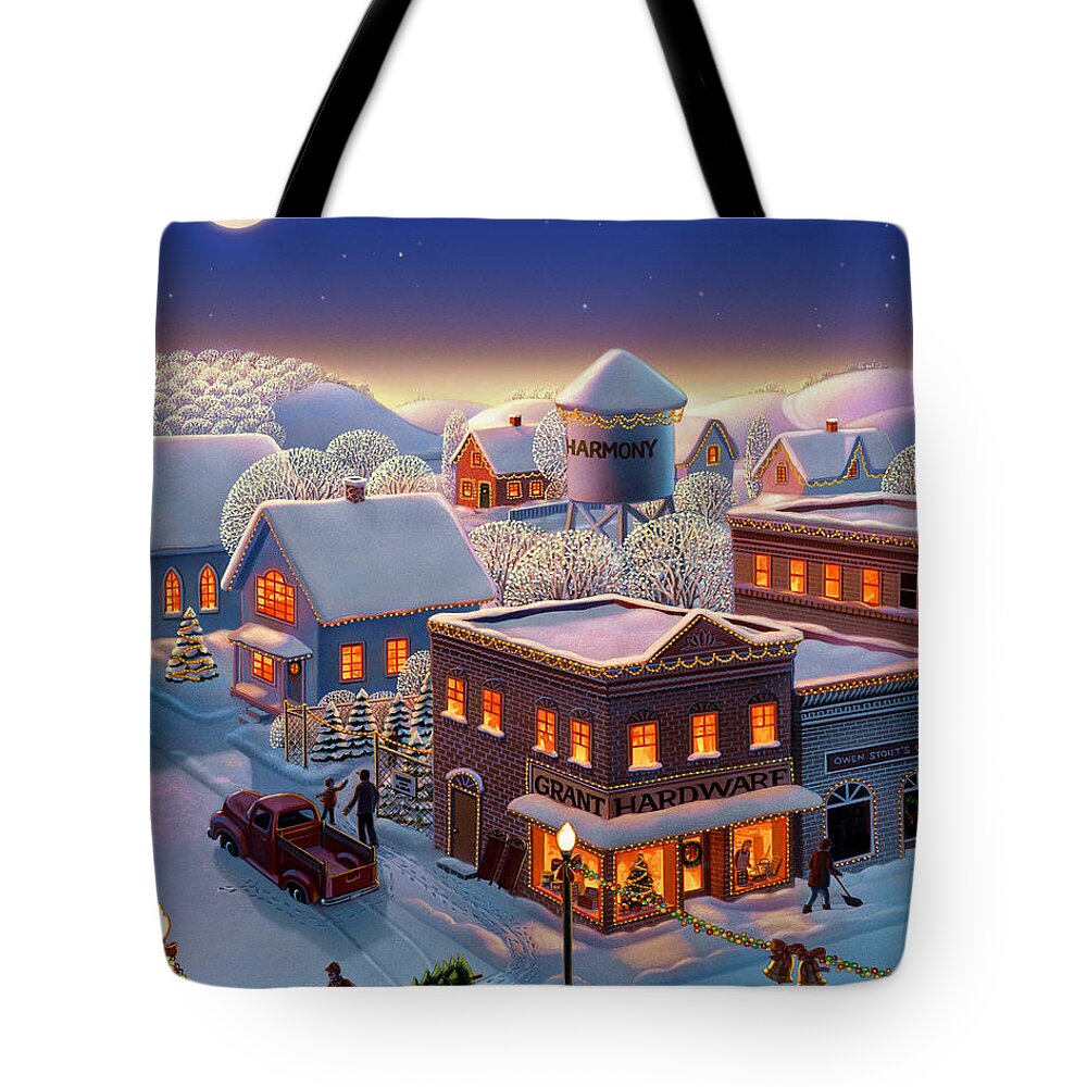Winter Town Tote Bag featuring the painting Christmas in Harmony by Robin Moline