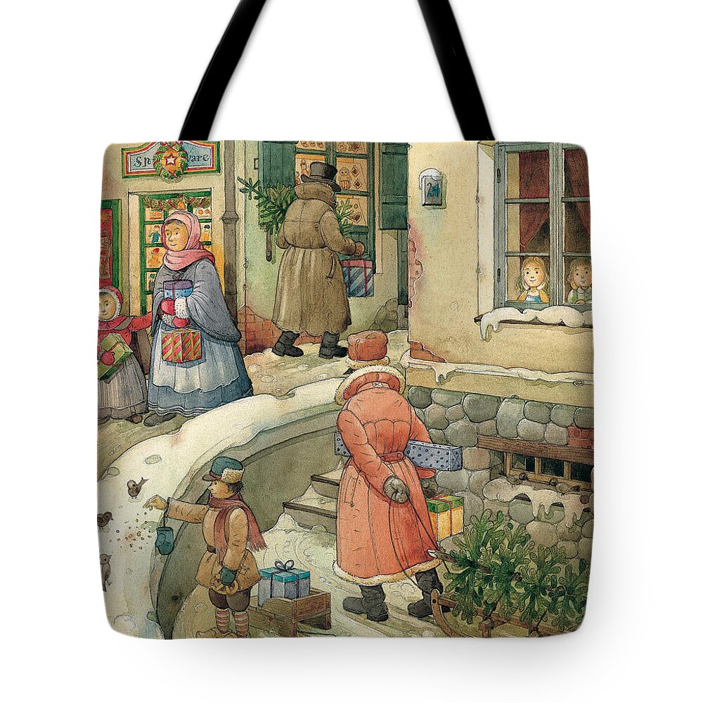 Christmas Greeting Cards Season Winter Snow Holiday Tote Bag featuring the painting Christmas in the Town by Kestutis Kasparavicius
