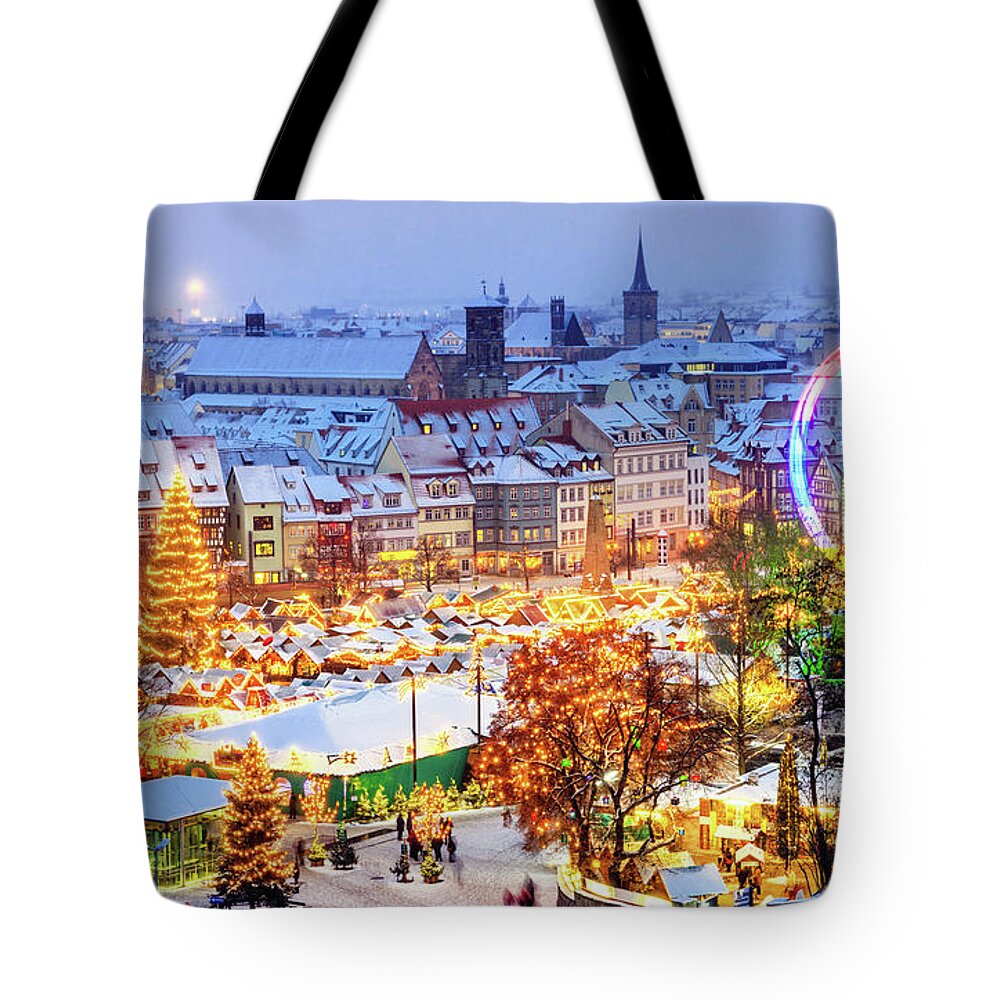 Snow Tote Bag featuring the photograph Christmas Market Erfurt by Juergen Sack
