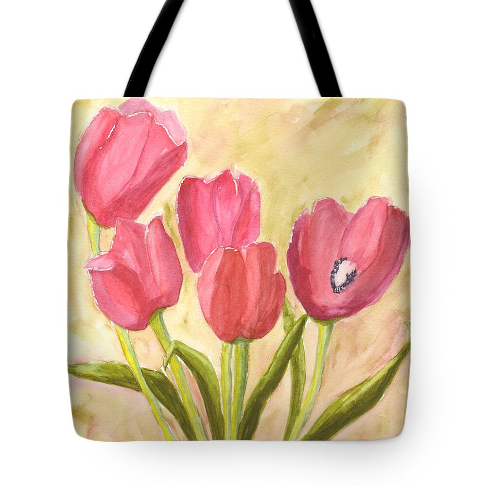 Red Tote Bag featuring the painting Tulip Time by Mickey Krause
