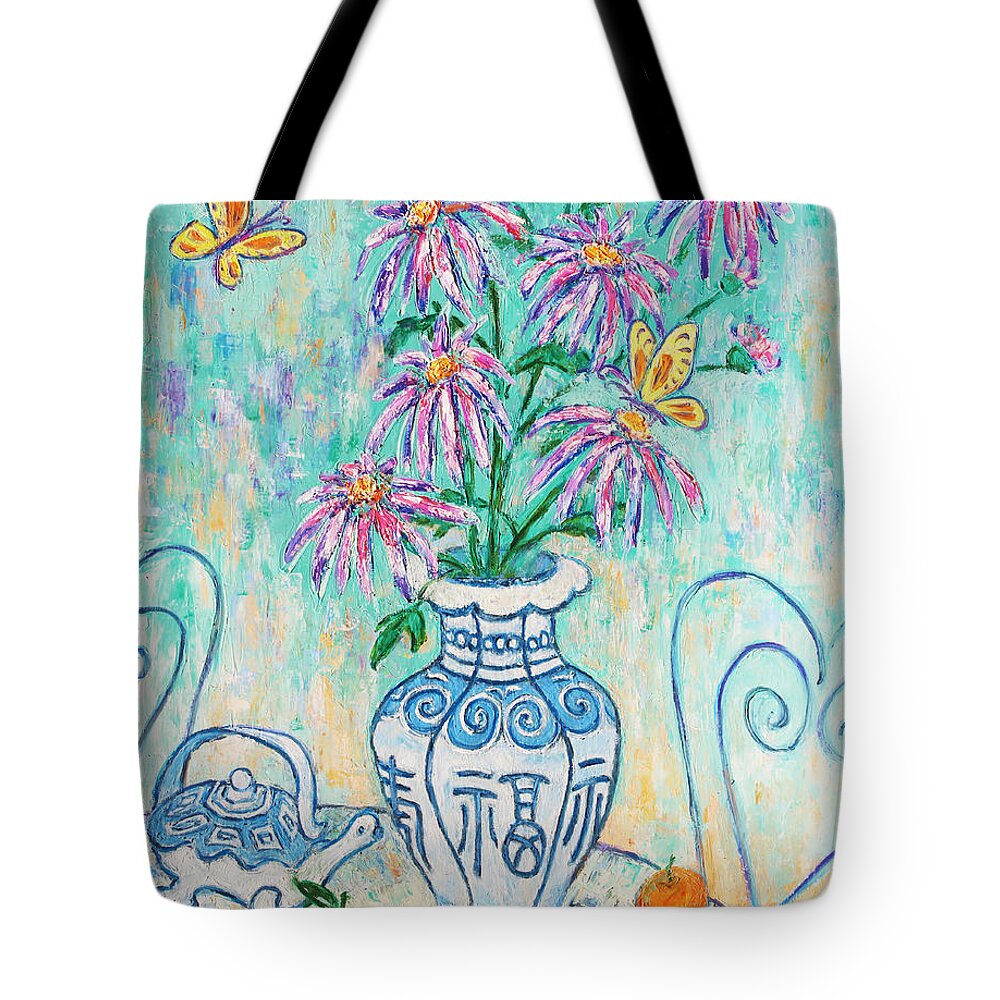 Chrysanthemum Tote Bag featuring the painting Chrysanthemum Study with Chinese Symbols by Xueling Zou