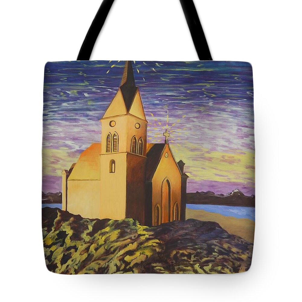 Church Tote Bag featuring the painting Church on the Rocks. by Caroline Street