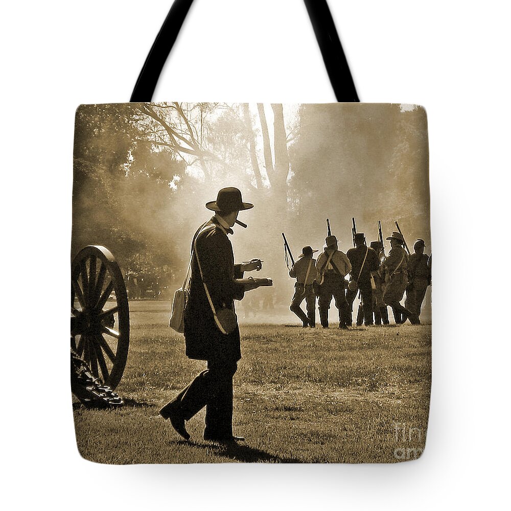 Cigar Tote Bag featuring the photograph Cigar Man - U.S. Civil War reenact by Cheryl Del Toro
