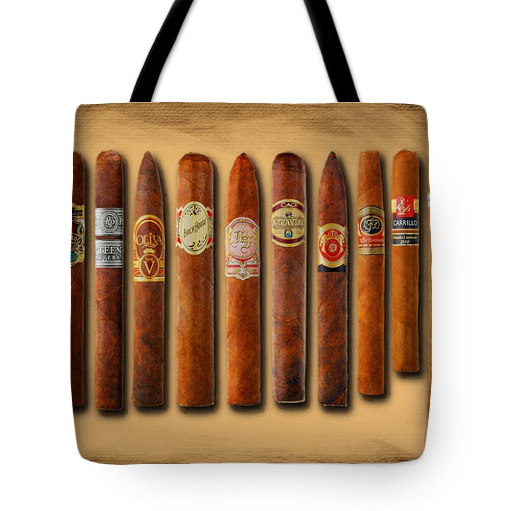 Cigar Tote Bag featuring the painting Cigar Sampler Painting by Tony Rubino